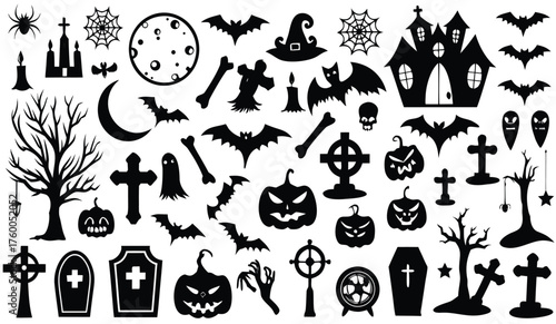 Spooky Halloween Wall Decals: Castles, Bats, Pumpkins, Crosses, and Spider Webs for Haunted Decor - Perfect Vinyl Stickers for Kids' Rooms, Parties, and Festive Home Themes