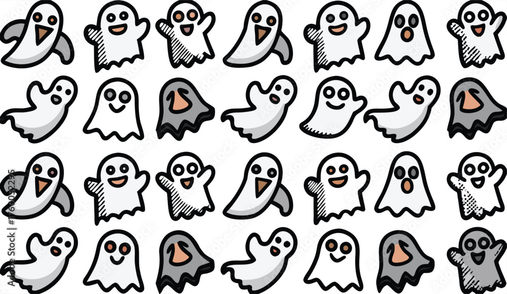 Fototapeta premium Cute Halloween Ghost Wall Decals: Adorable Spirits for Kids' Rooms, Parties, and Spooky Decor - Perfect Vinyl Stickers for Nursery, Bedroom, and Festive Home Themes