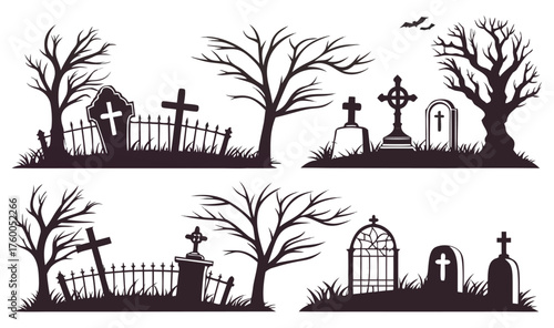 Spooky Halloween Cemetery Wall Decals: Gravestones, Crosses, Trees, and Gates for Haunted Decor - Perfect Vinyl Stickers for Kids' Rooms, Parties, and Creepy Home Themes