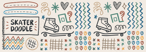 Skater Doodle Dreams — a playful collage of skateboards, roller skates, and whimsical shapes evoking carefree summer days in a bright, hand-drawn vector style on a clean white background.