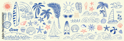 A whimsical beach escape illustration featuring seashells, palm trees, surfboards, and sailboats in nautical blue and coral tones, evoking a breezy coastal charm in a clean flat vector style.