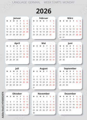 GERMAN calendar for year 2026. Modern illustration for Germany