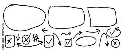 Hand Drawn Ovals, Arrows, and Check Marks. Charcoal Doodle Symbols with Grunge Underlines and Strikethroughs Vector on White Background