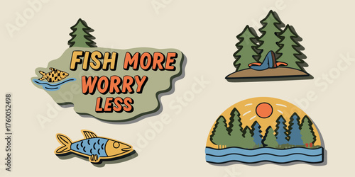 Escape the Daily Grind — Fish More, Worry Less set amidst serene nature scenes promoting relaxation, peace, and outdoor adventure in a calm vintage vector style.