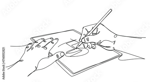 Continuous line drawing of hands sketching design on tablet for graphic design and art creation process