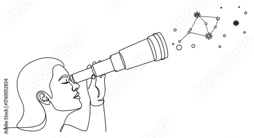 Woman looking through telescope at stars and constellations astronomy science exploration discovery stargazing