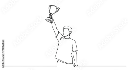 Man holding trophy one line drawing vector illustration achievement success winner champion celebration 100
