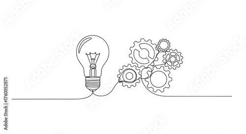 Continuous line drawing of lightbulb and gears concept of idea generation and creative thinking process