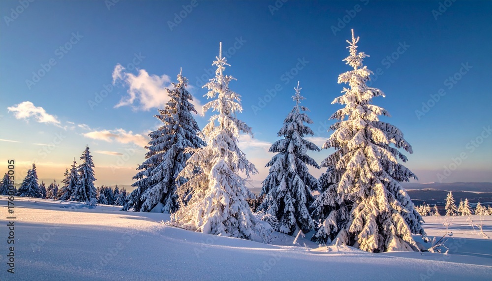 Fototapeta premium Winter wonderland scene with majestic snow-covered spruce trees under a clear blue sky and golden