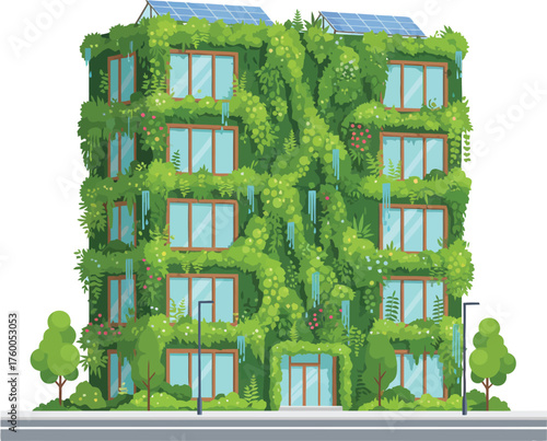 Eco-friendly apartment building covered in lush green plants, flowers, and vines. Solar panels on the roof showcase sustainable urban living architecture.