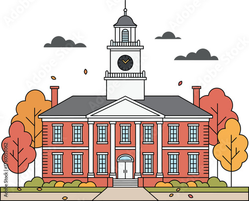 Classic university building with a prominent clock tower, surrounded by colorful autumn trees. Traditional academic architecture, perfect for education themes.