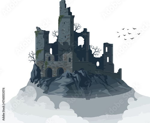 Eerie abandoned fortress ruins sitting atop a misty mountain cliff. This mysterious, gothic citadel is surrounded by dark clouds and a flock of birds.