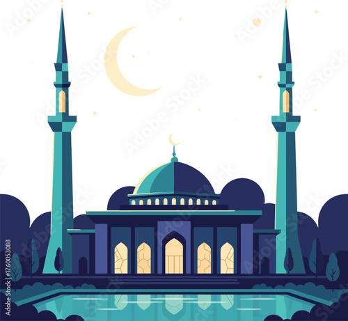 Elegant mosque with minarets and a central dome at night. The building is illuminated against a dark blue sky with a crescent moon and stars, reflecting in water.