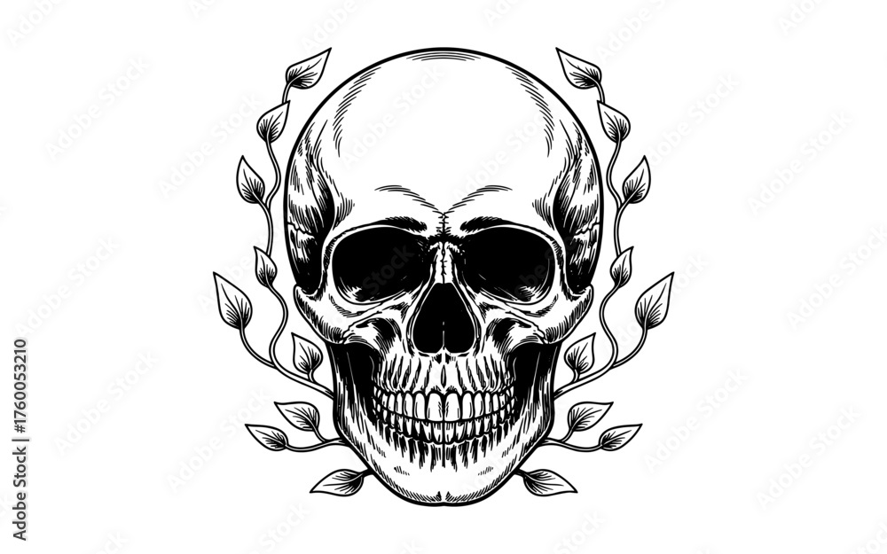 Fototapeta premium a detailed human skull surrounded by leaves, symbolizing life, death, and natural balance in gothic art