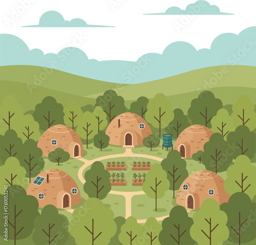 Off-grid eco-village settlement with sustainable dome architecture, community permaculture garden, solar panels, and rainwater tank. Green living co-housing concept.