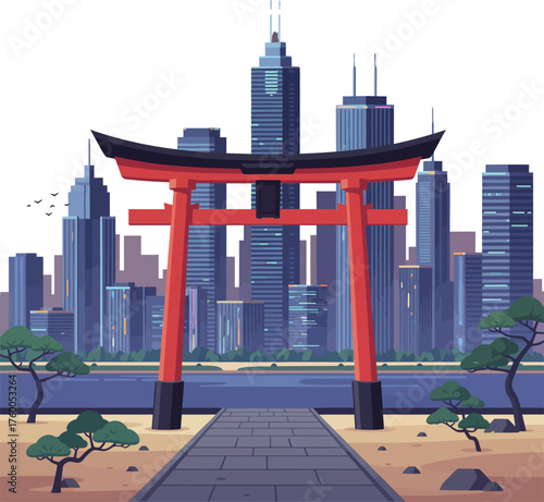 Serene traditional red Japanese torii gate on a waterfront, set against a modern urban city skyline with towering skyscrapers at a beautiful sunset.