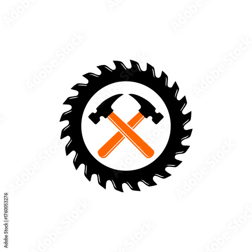 A logo featuring two crossed hammers with orange handles inside a black circular saw blade.