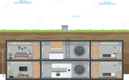 Underground bunker with multiple rooms including a living room, kitchen, and bedrooms. This subterranean shelter is equipped with a sturdy vault door and ladder.