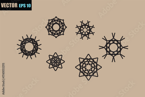 Collection of intricate black geometric snowflake designs arranged in a scattered pattern on a neutral background perfect for winter themes