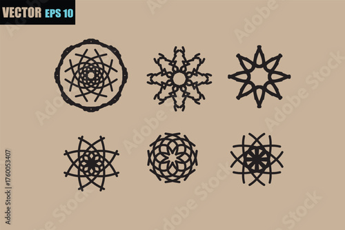 Intricate geometric mandala designs in black silhouette on a textured beige background vector eps art