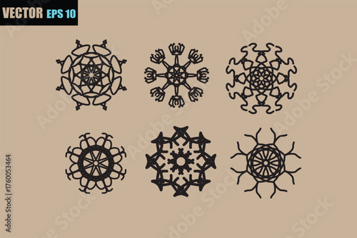 Six intricate black snowflake designs arranged in two rows on a plain brown background perfect for winter decorations and graphic elements