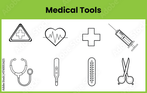 Medical Tools vector illustration showing eight black and white outline icons of healthcare equipment and symbols for hospital, clinic, and medical design projects