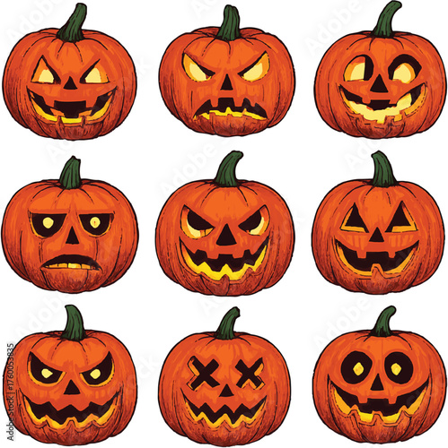 Set of Halloween scary pumpkins cut. Spooky creepy pumpkins cut
