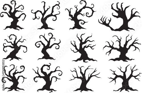 A collection of twelve black silhouette spooky trees on a white background for Halloween designs vector art