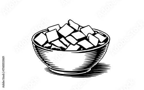 a bowl full of sugar cubes, representing sweetness, food, and kitchen ingredients in vintage.