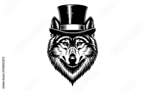 a wolf’s head dressed in a classic top hat, combining elegance and wild animal symbolism in detailed line art.