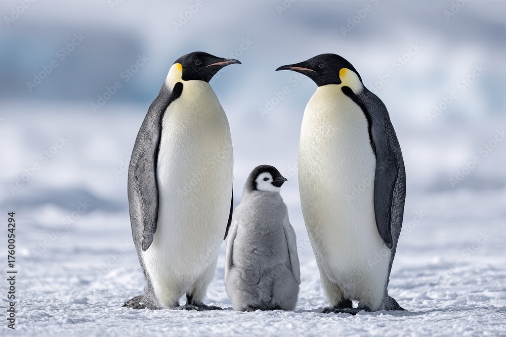 Fototapeta premium A family of Emperor penguins stands on a snow-covered surface