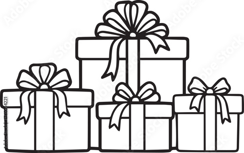 A stack of wrapped gift boxes tied with ribbons and bows for celebrations and holidays