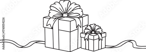 Hand drawn sketch of two wrapped gift boxes tied with ribbons and bows on a white background