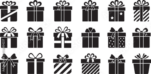 Collection of diverse black and white gift boxes with ribbons and bows in a grunge distressed style