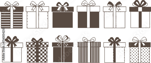 Collection of hand drawn gift boxes with ribbons and bows in a simple sketch style