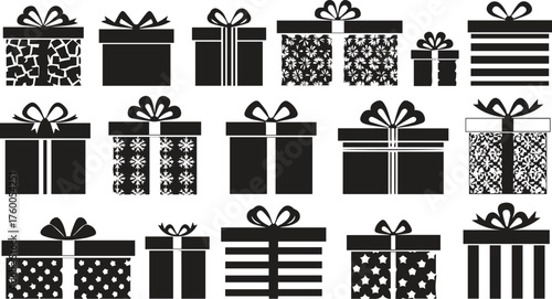Collection of black and white silhouette gift boxes with ribbons and bows in various patterns