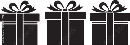 Three black silhouette gift boxes tied with ribbons and bows on a white background