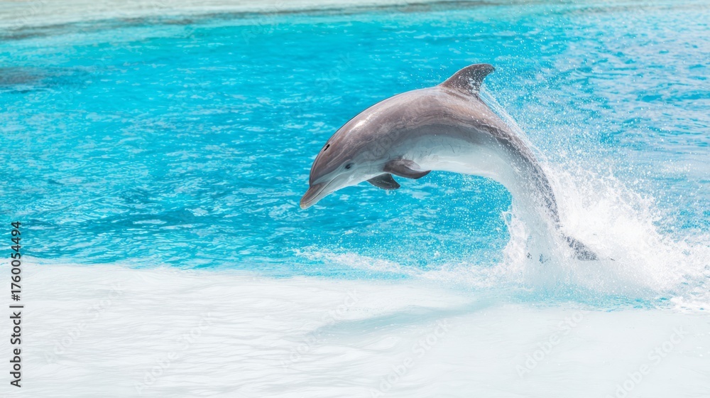 Obraz premium cetacean. Dolphin leaping from turquoise ocean waters, dynamic marine life in motion. wildlife magazines, conservation campaigns, designed for nature documentaries and education.