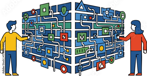 People interact with complex system illustration art