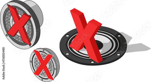 Three speakers with red x marks indicating failure