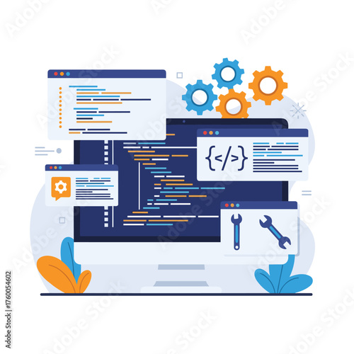 This illustration shows a computer screen displaying lines of code with gears and tools representing programming and development.