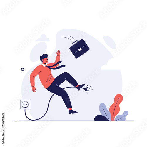 A man falling down after tripping over an electrical cord connected to a wall outlet.