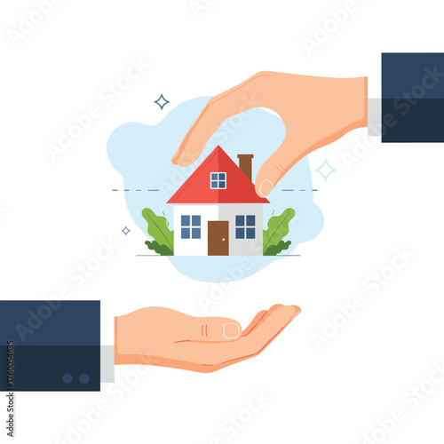 Securely passing a small house illustration between two hands. The house is red and white.