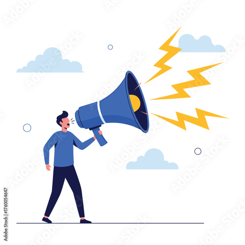 A person is holding a megaphone and shouting to make an announcement. .