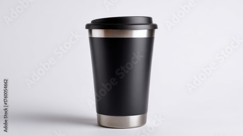 Wallpaper Mural A black coffee cup with a lid sits on a white background. The cup is made of metal and has a silver rim. Concept of calm and simplicity, as the black cup stands out against the white background Torontodigital.ca