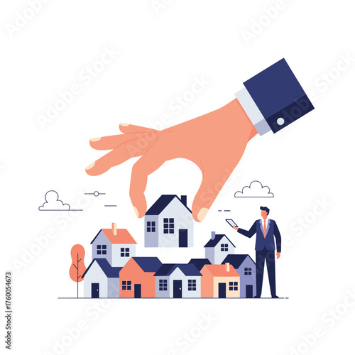 A hand selects a house from a group of houses with a man standing nearby