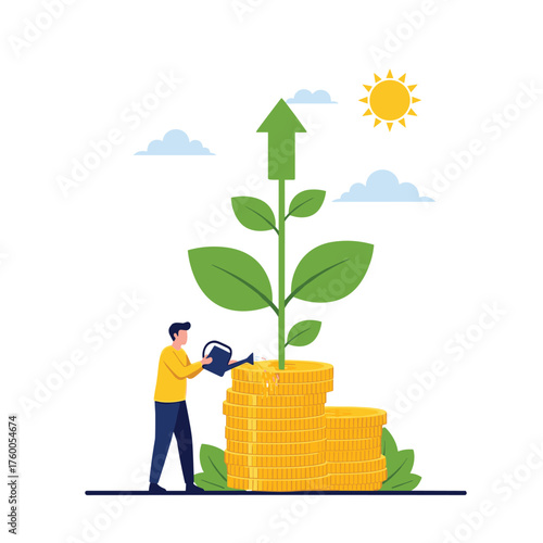 A man watering a money plant that is growing on a stack of coins with an upward arrow indicating growth and a sun in the sky.