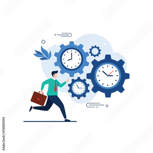 A businessman running with a briefcase alongside gears and clocks.