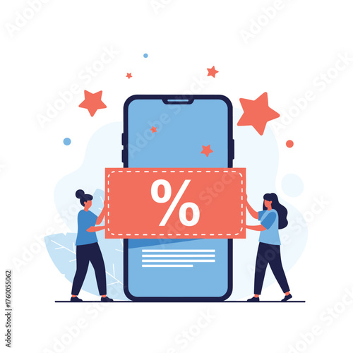 Digital coupon and discount promotion with smartphone and people celebrating offers.