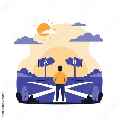 A person stands at a crossroads contemplating which path to take.